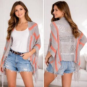 Hayden Los Angeles Tan Orange Striped Crochet Fringe Vest Boho Size S/M NWT